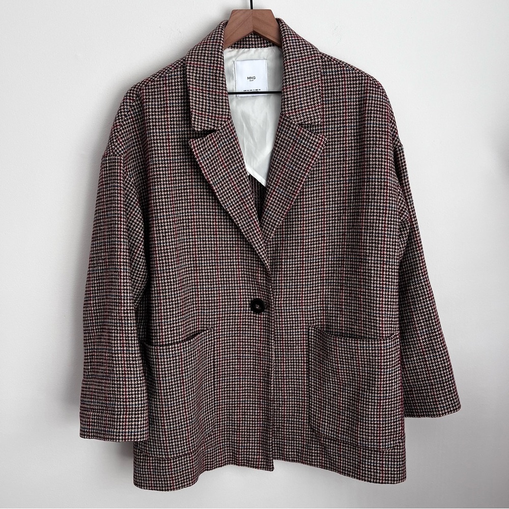 MANGO suit brown houndstooth long blazer oversized single button front pockets S